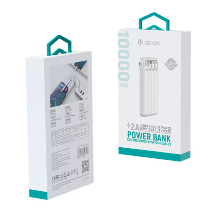 Devia - 10,000mAh Powerbank & USB, Lightning, MicroUSB & USB-C Cable - White