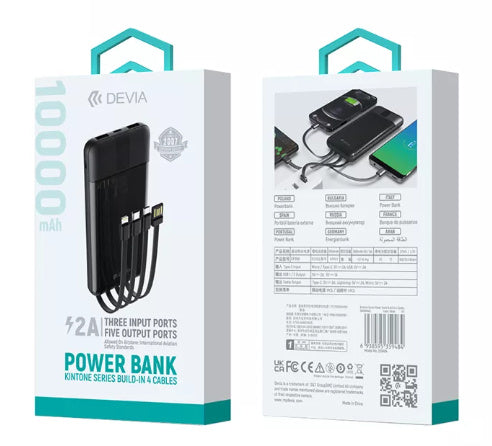 Devia - 10,000mAh Powerbank & USB, Lightning, MicroUSB & USB-C Cable - Black