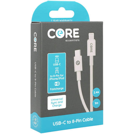 CORE+ 8-Pin to Type-C Cable 1.5m Woven White 3A/27W